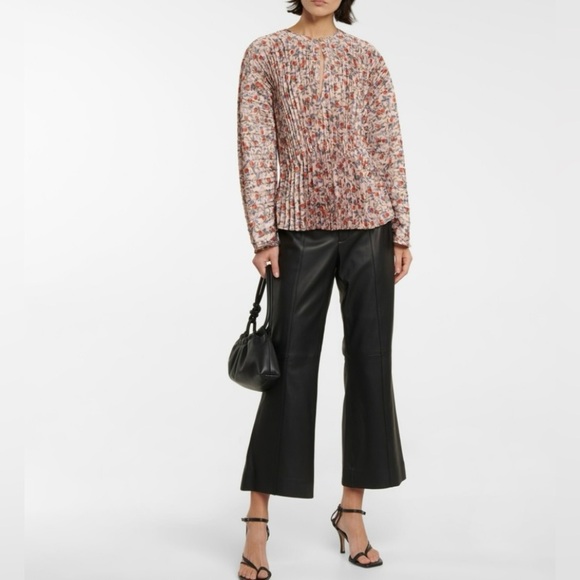 Vince Metallic Taupe Floral Satin Pleated Blouse Small Long Sleeve - Picture 2 of 6